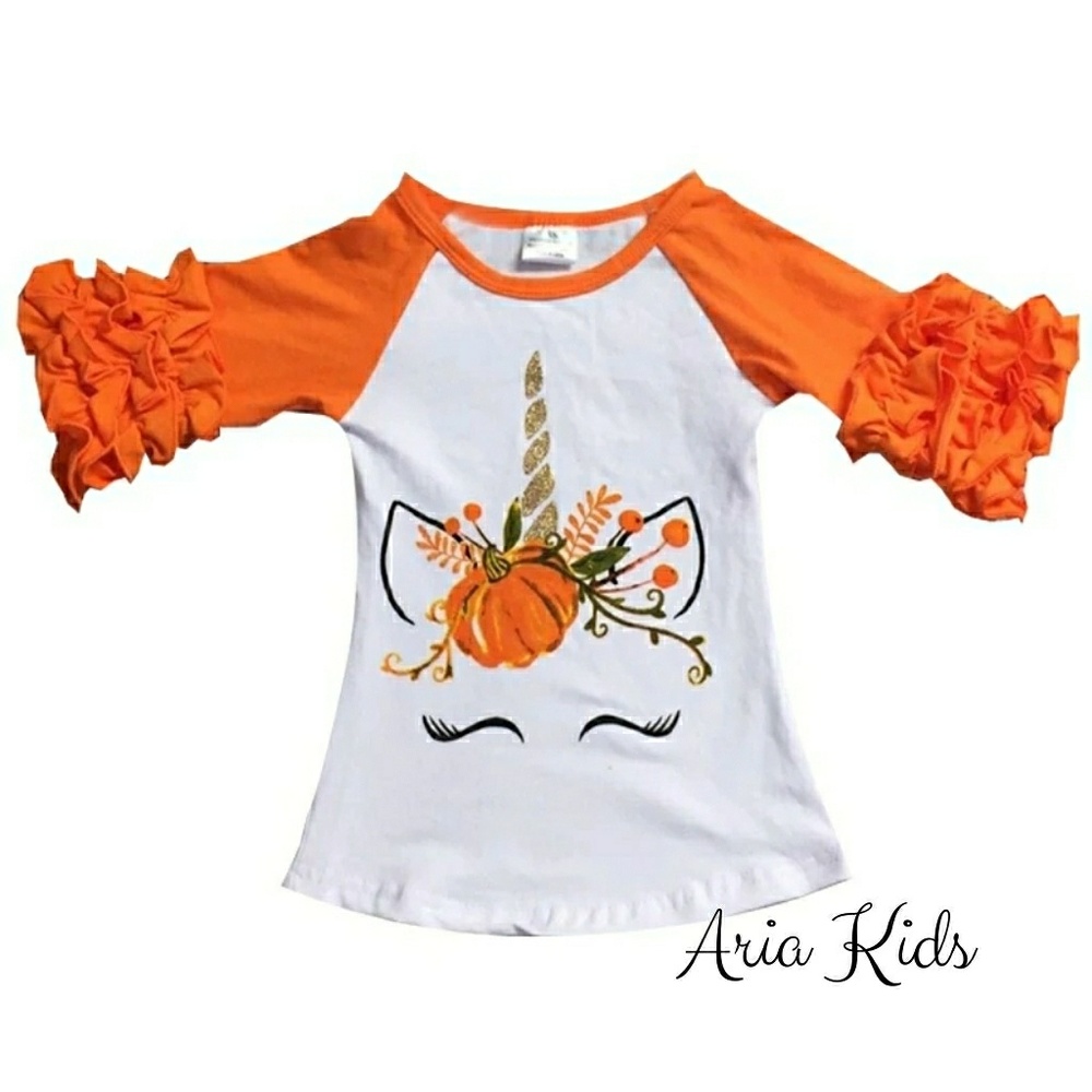 Girls Unicorn Pumpkin Harvest Ruffled Icing Shirt